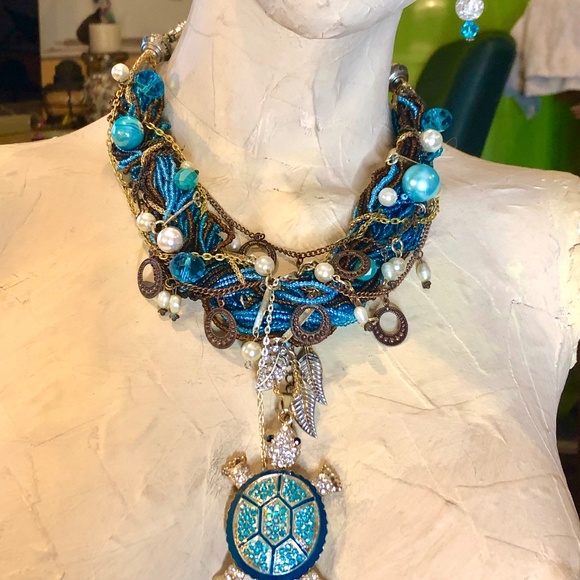 OOAK Blue Turtle Reworked Jewelry Collage Artisan Statement Necklace Earring Set